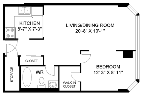 Floor plan for 1 bed, 1 bath, 594 sqft